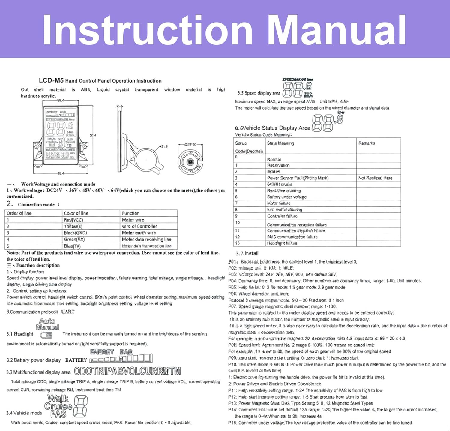 Electric Bike LCD Display Meter, M5 Waterproof LCD E Bike Display