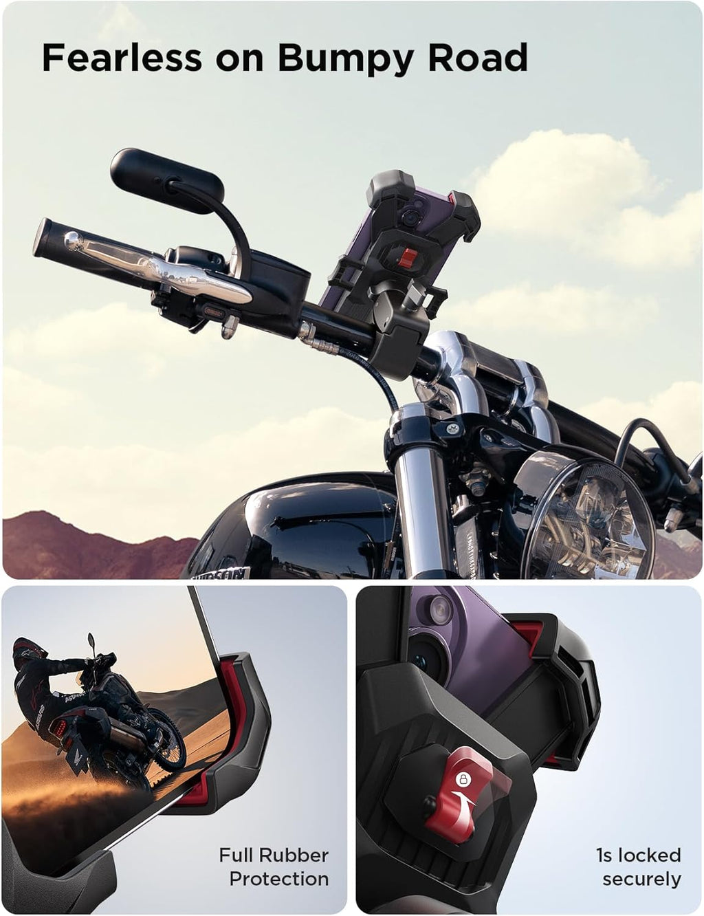 Motorcycle Phone Mount, [1s Auto Lock][100mph Military Anti-Shake] Bike Phone Holder